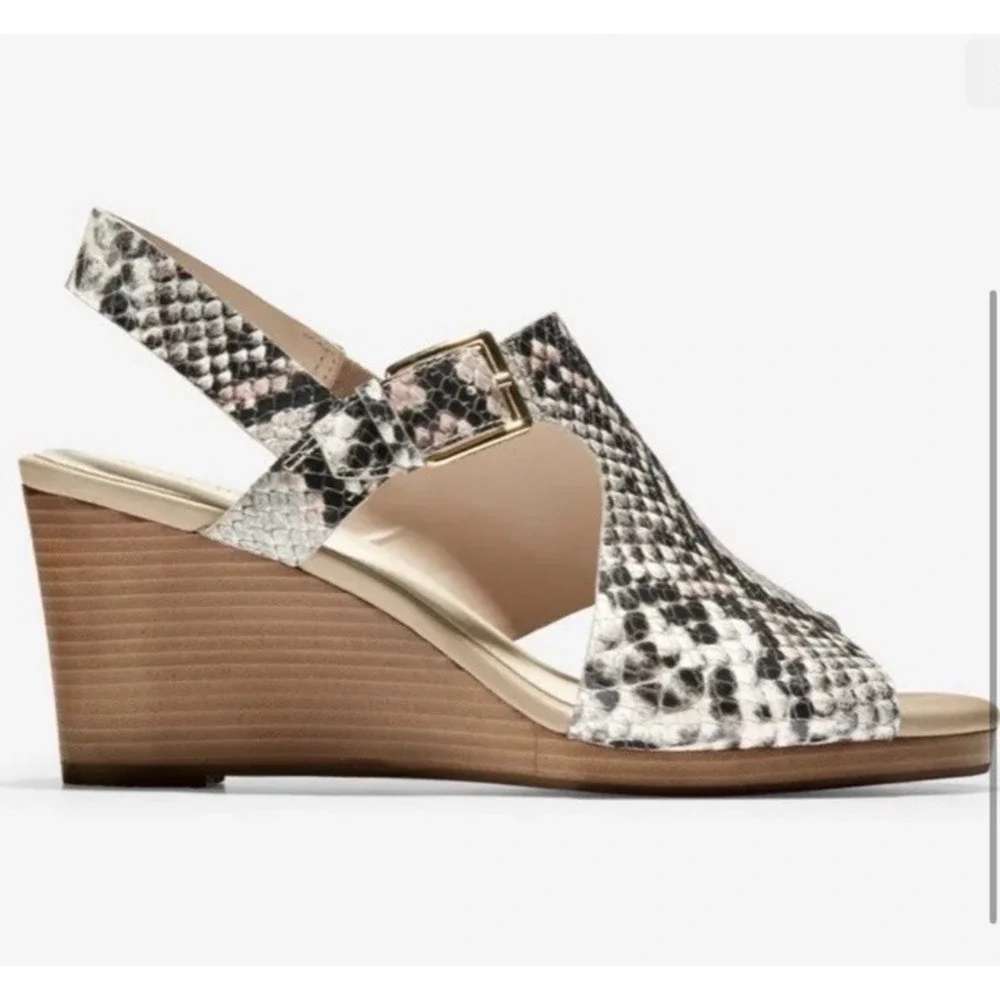 Cole Haan Grand Ambition Wedge Sandals Womens 10 Snakeskin‎ Slingback Beige